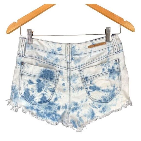 Denim Society 5 Tie Dye Jean Shorts Blue Cutoff Frayed Studded Bleached Mid Rise - Picture 2 of 6
